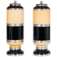 Retro Giant  Pair of Italian Table Lamps in Murano glass Black and Cream color  1960s