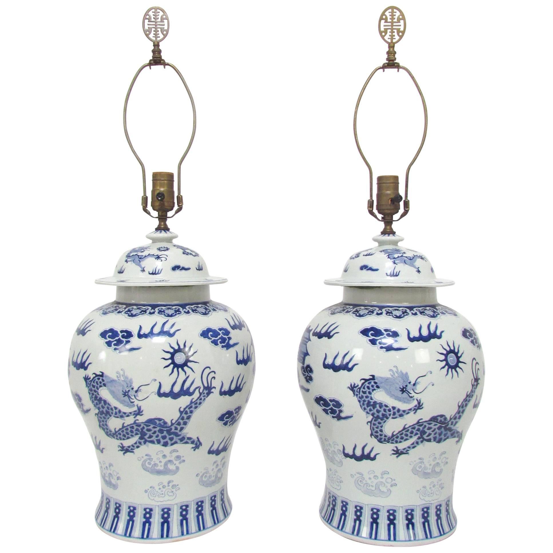 Pair of Blue and White Ginger Jar Lamps with Dragon Motif