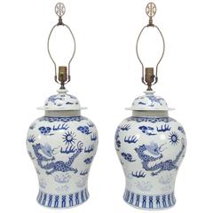 Pair of Blue and White Ginger Jar Lamps with Dragon Motif