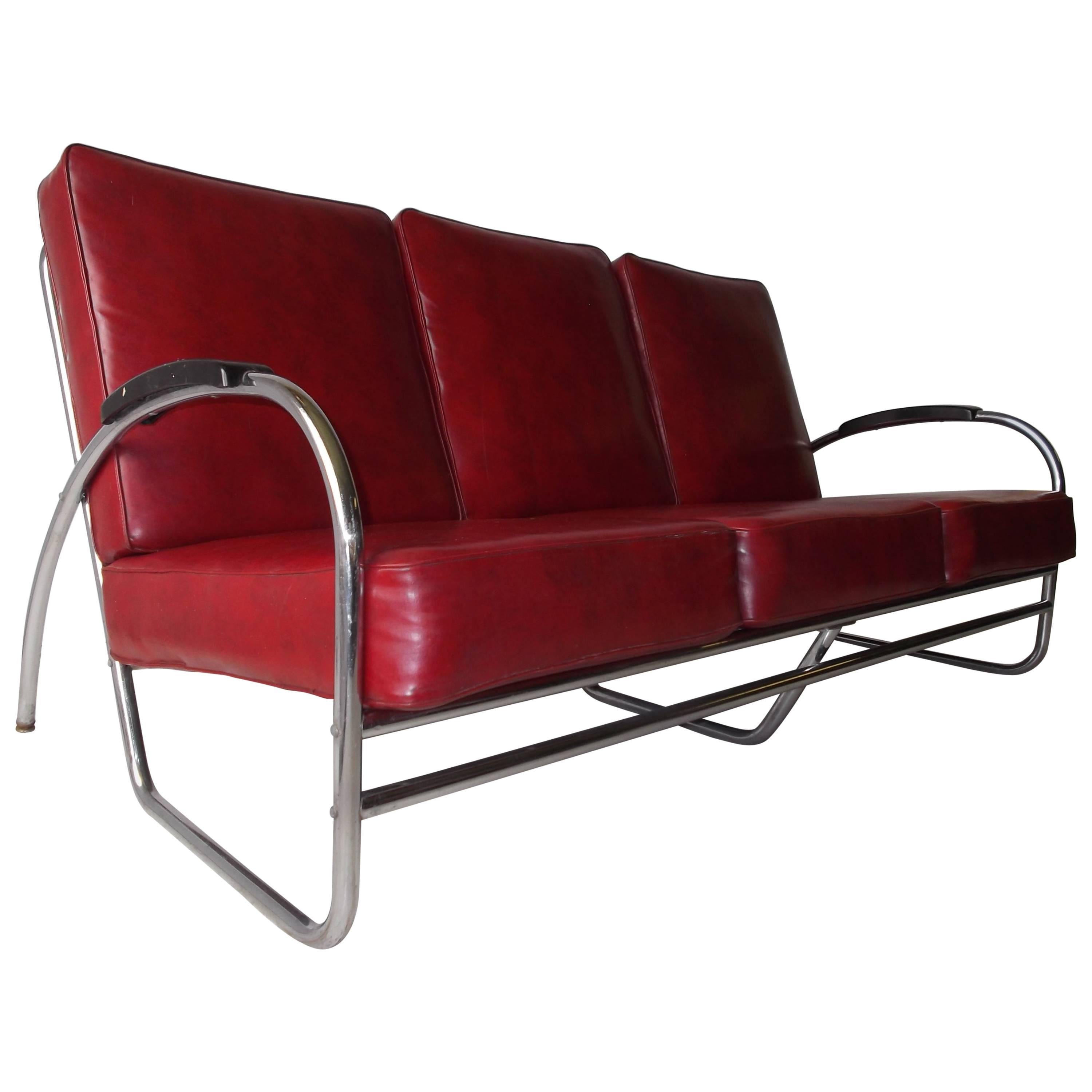 Royal Metal Chrome Three-Seat Art Deco Sofa with Original Cushions