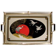 Art Deco Reverse Painted Glass and Chrome Cocktail Tray with Cranes