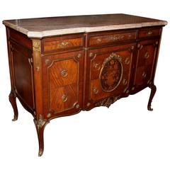 Louis XV Style Kingwood Parquetry Inlaid Commode or Chest with Rouge Marble Top