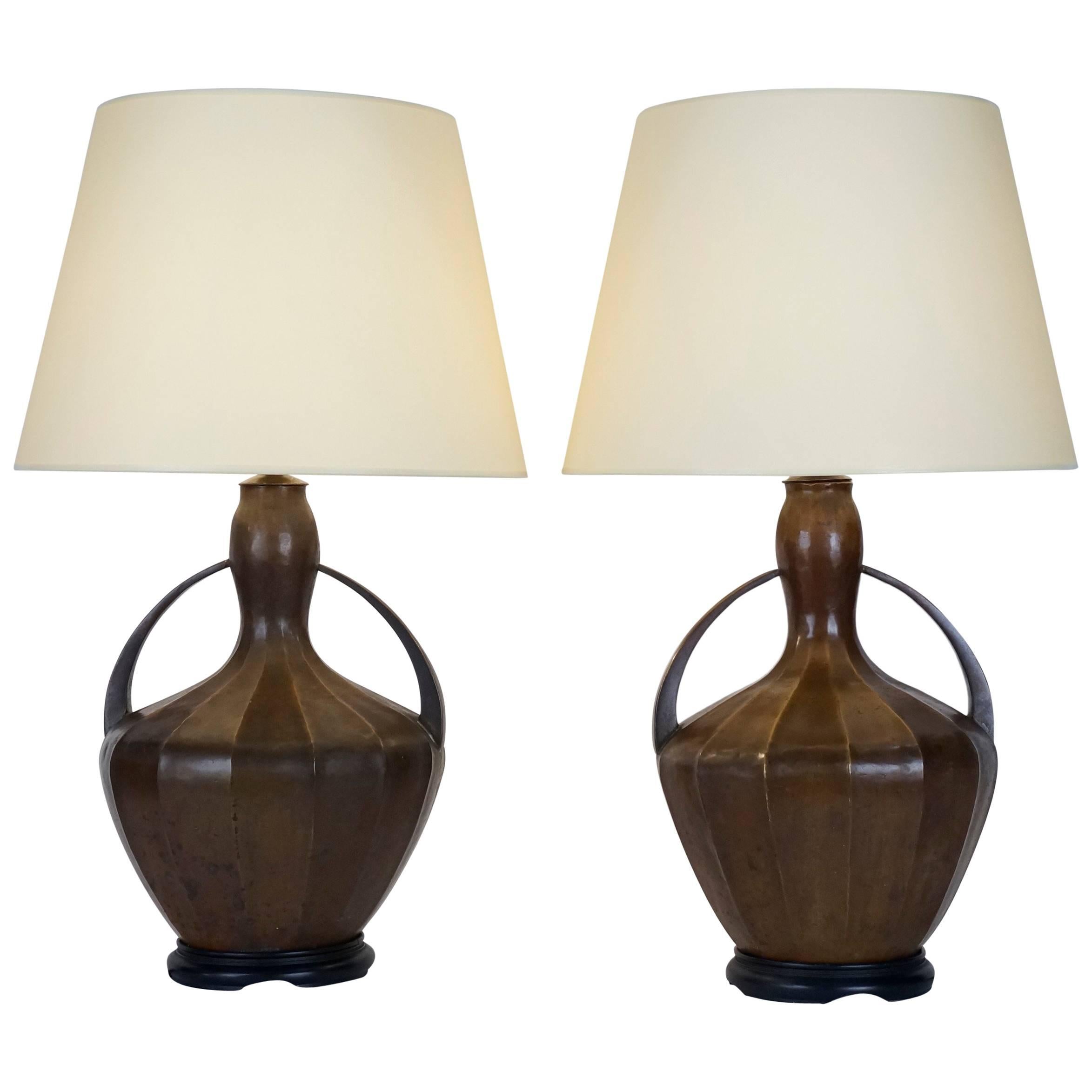 Pair of Early 20th Century Patinated Brass Table Lamps