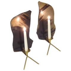 Pair of Brass Candleholders with Horn Panels by Carl Auböck