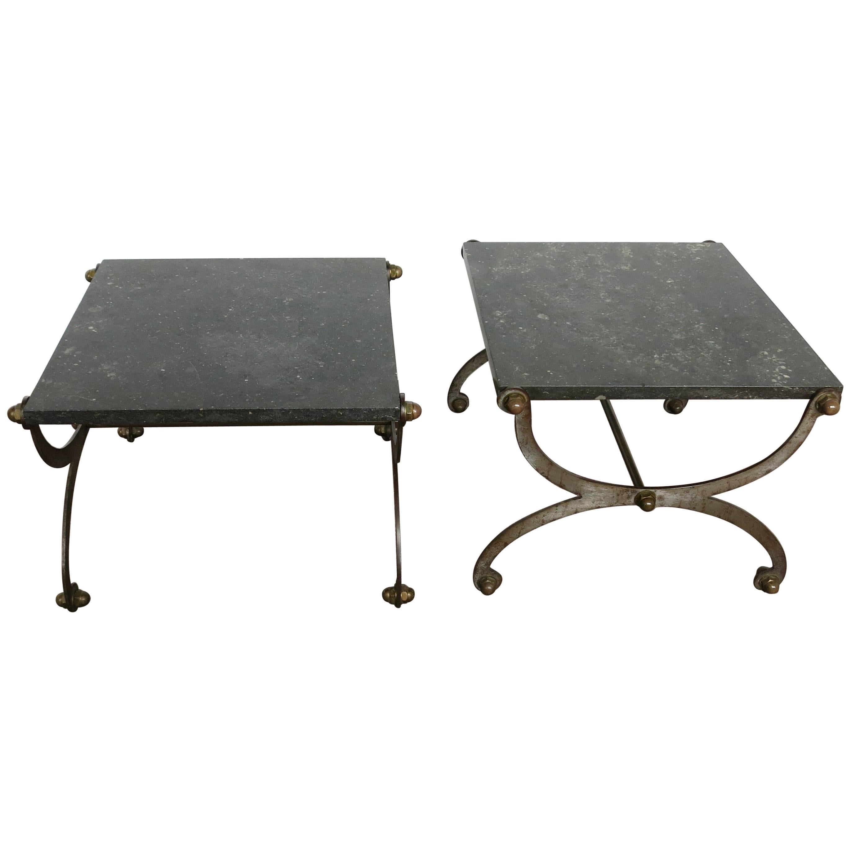 French Industrial X Based Steel Brass and Marble End Tables 