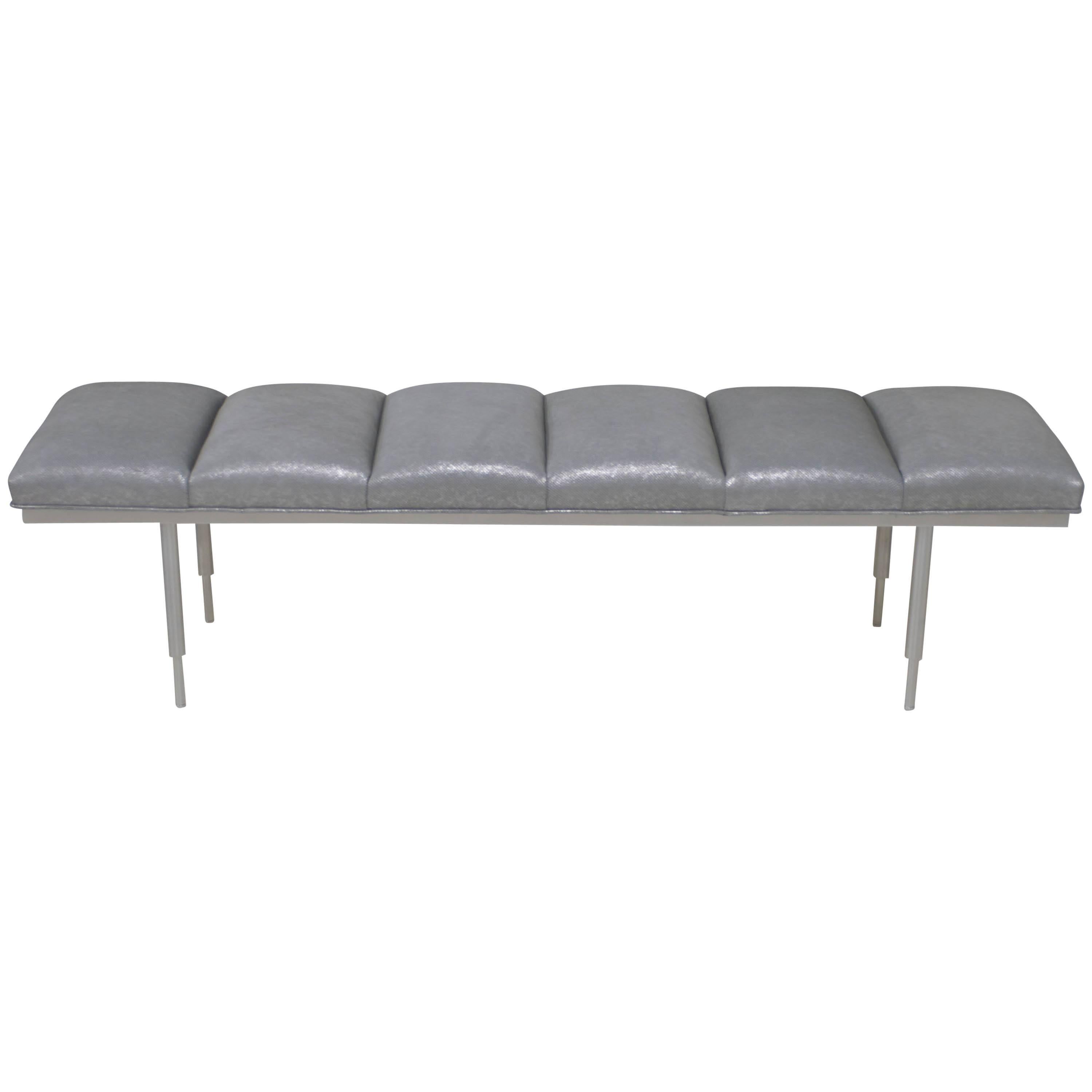 Channel Tufted Modernist Leather Mid-Century Aluminum Bench