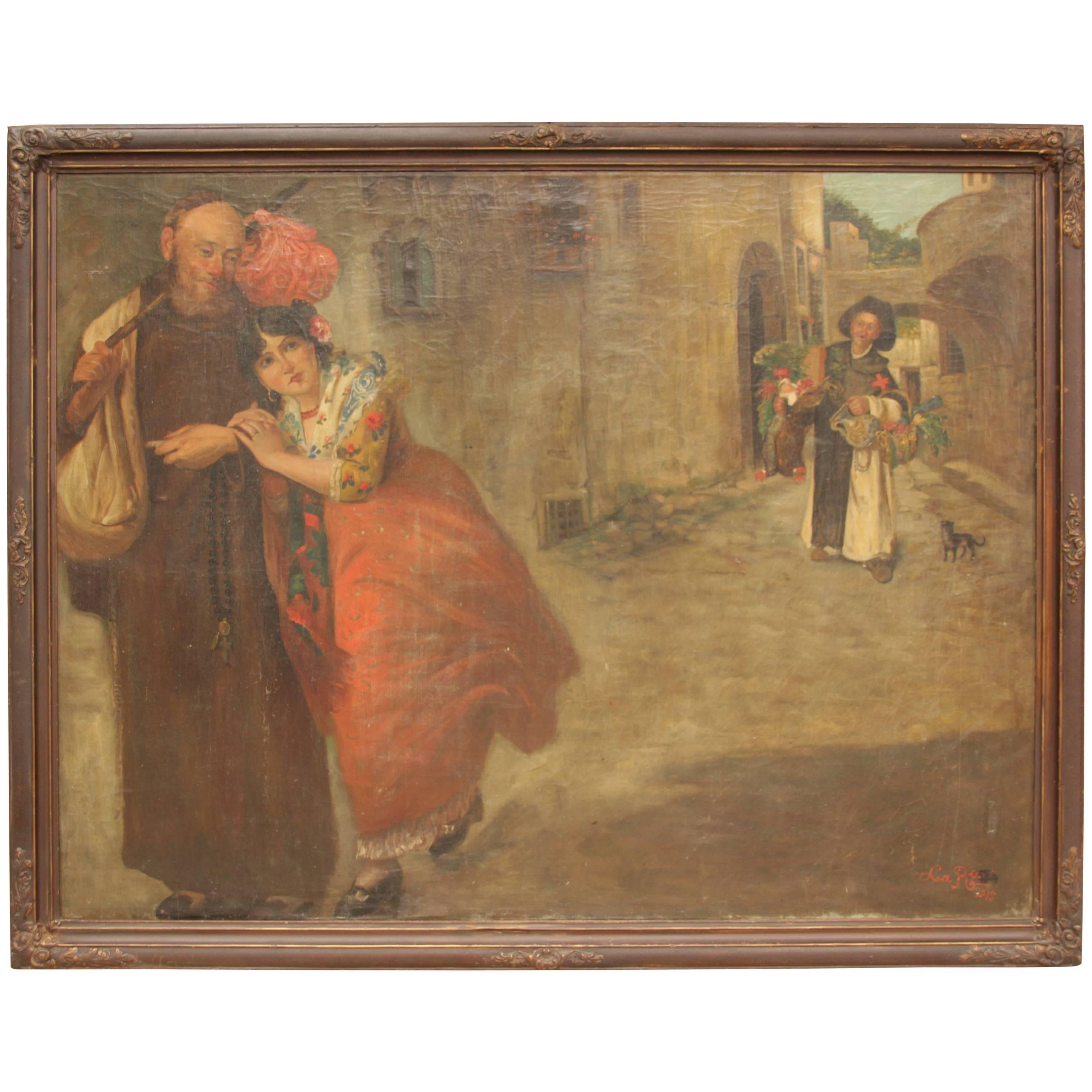 Rare Turn of the Century Very Large Spanish Painting with Beautiful Signorita