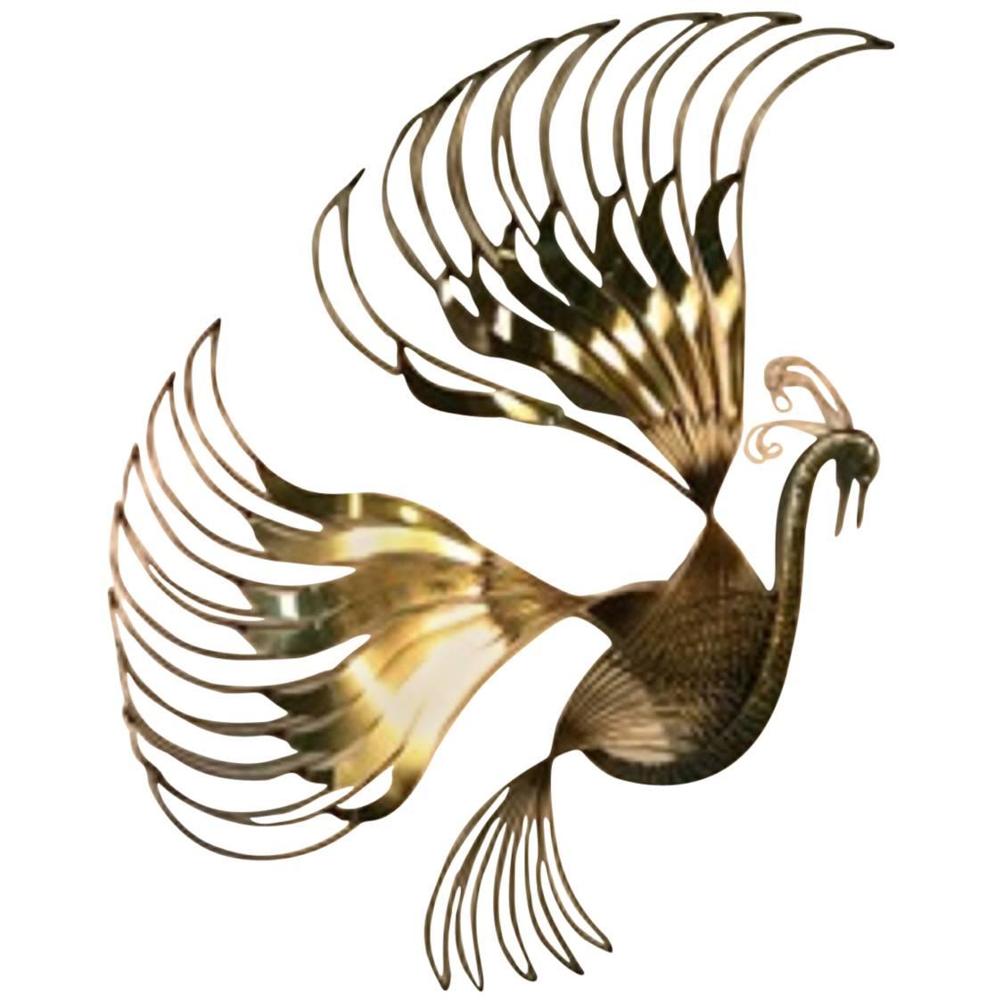 Pretty Peacock Wall Sculpture with Beautiful Brass Feathers by Curtis Jere For Sale