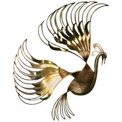 Retro Pretty Peacock Wall Sculpture with Beautiful Brass Feathers by Curtis Jere