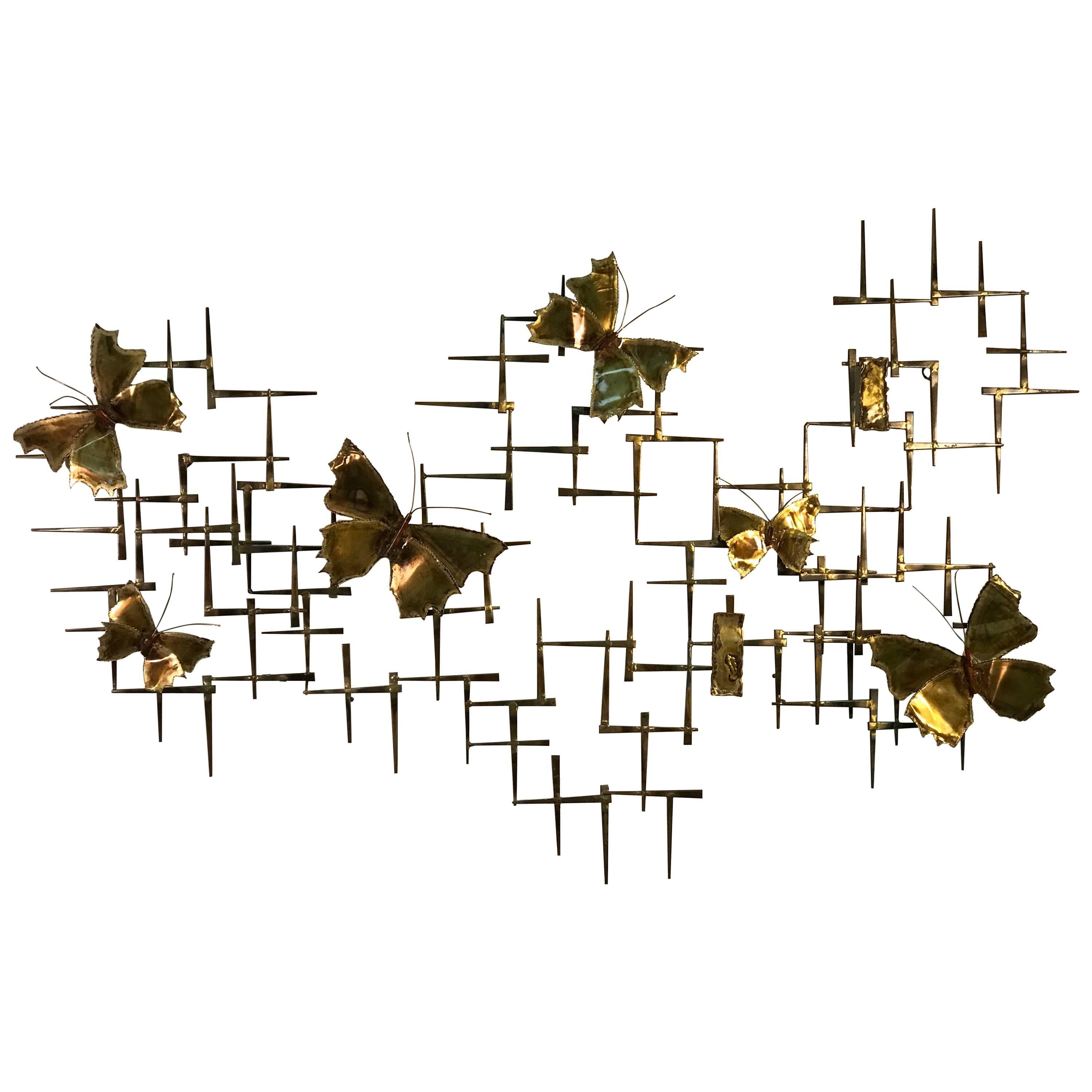 Monumental Mixed-Metal Nail Wall Sculpture with Butterfly Accents by Curtis Jere For Sale