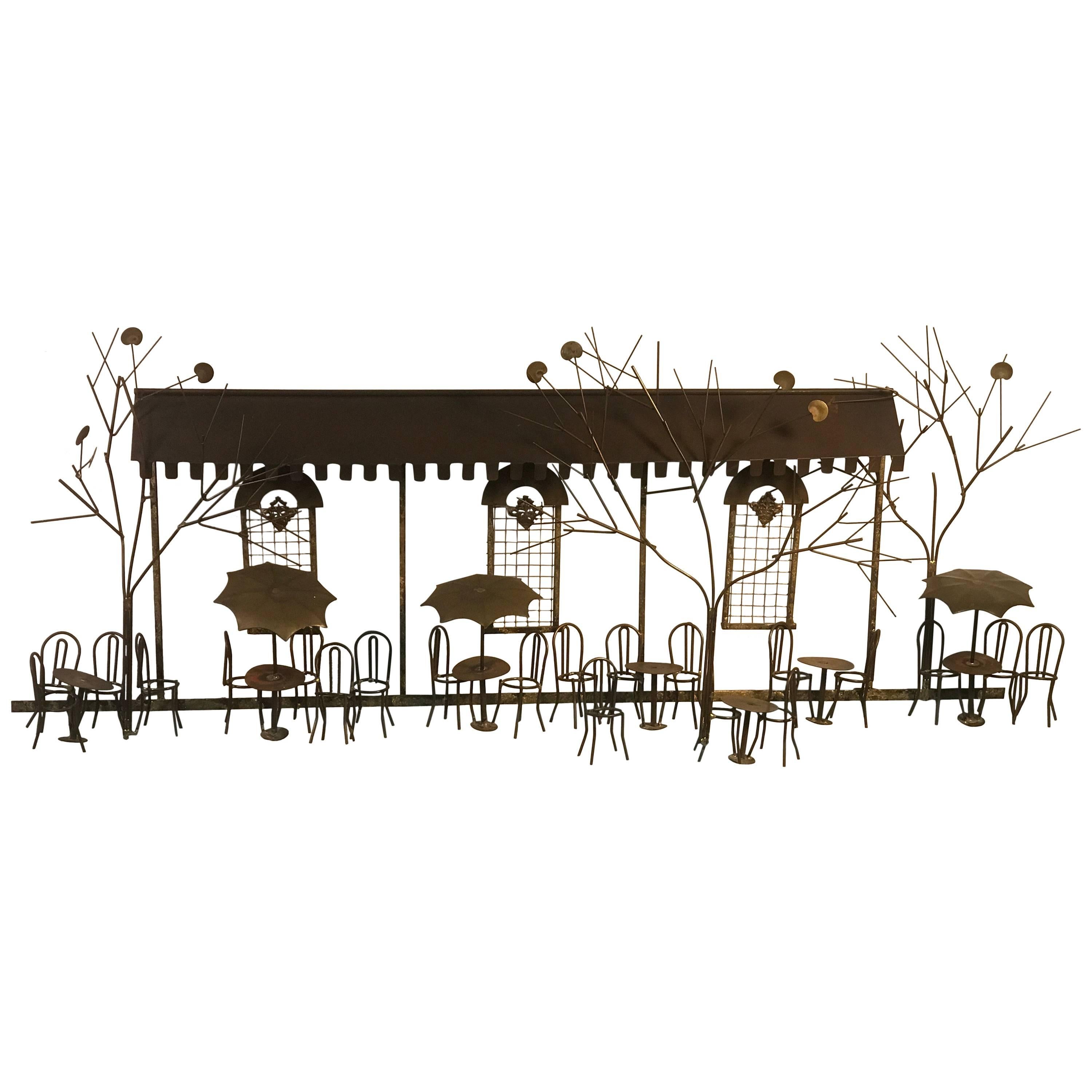 Wonderful Brass and Copper Wall Sculpture of an Outdoor Cafe by Curtis Jere For Sale