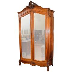Louis XV Style Two Mirror Doors Walnut Armoire with Amazing Hand-Carved Detail
