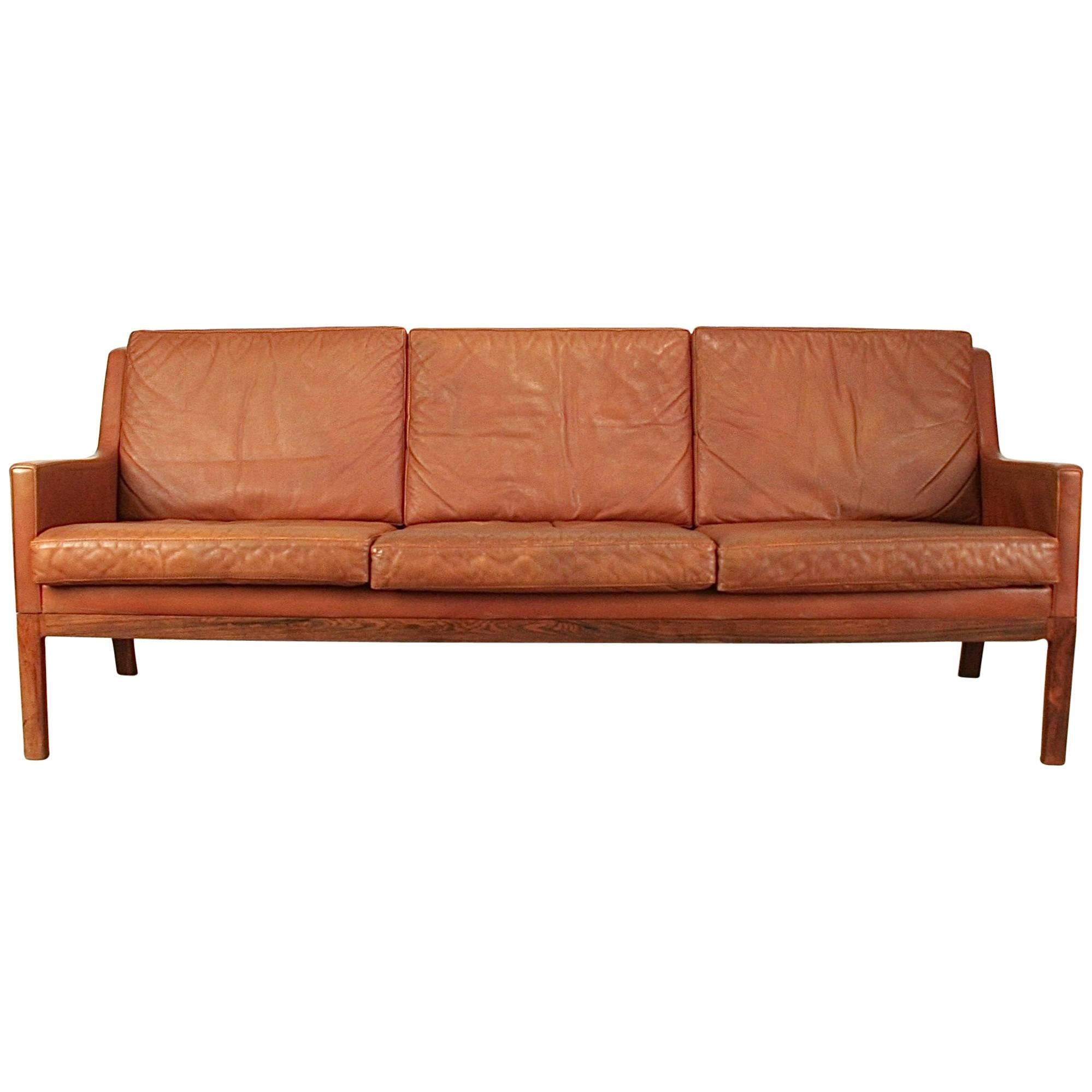 Vintage Danish Leather and Rosewood Three-Seat Sofa