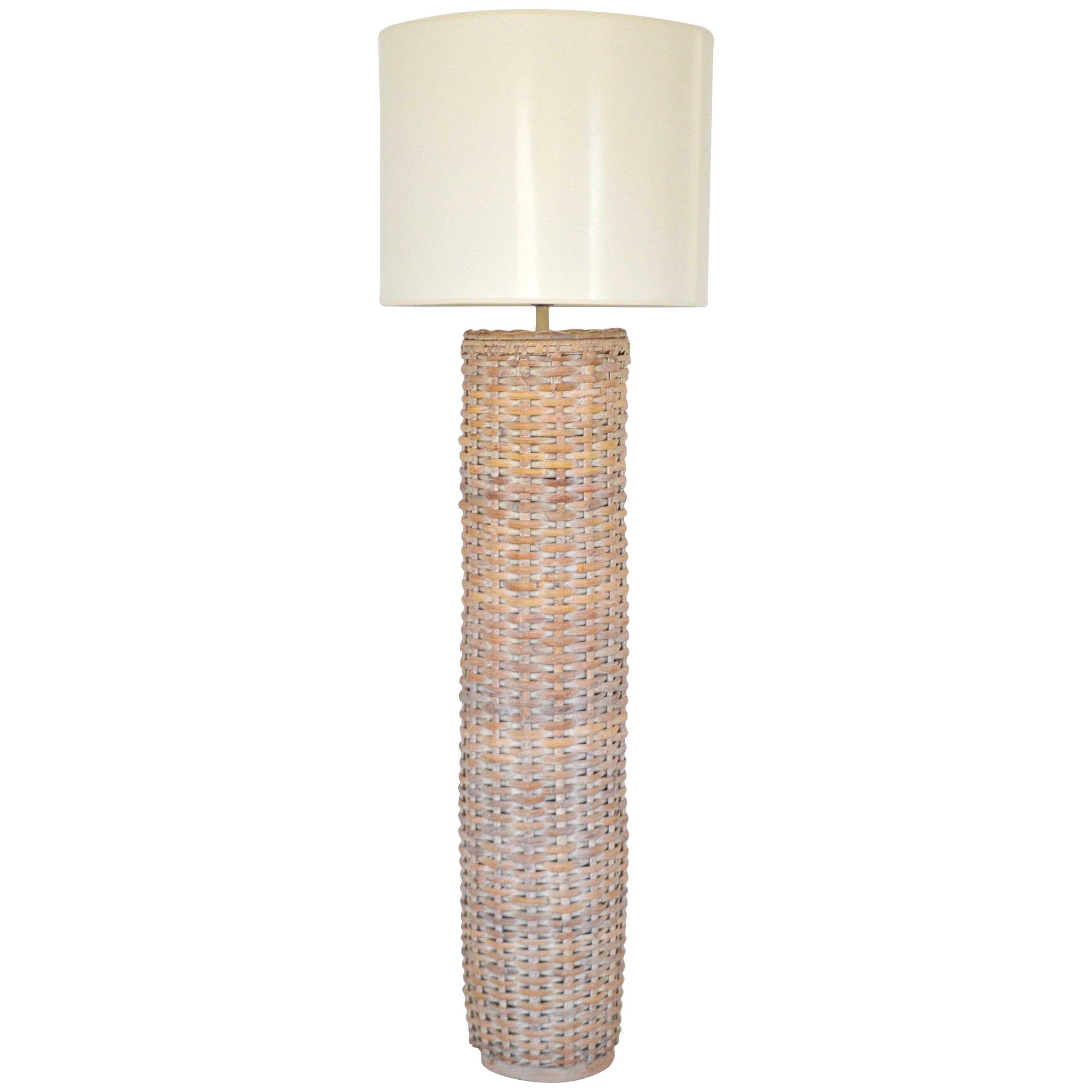 Midcentury Woven Rattan Cylinder Form Floor Lamp For Sale