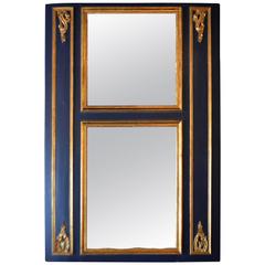 Louis XVI Style Trumeau Mirror Painted Dark Blue with Gilt Details Accents