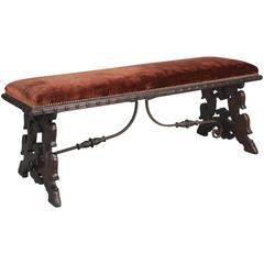 Fantastic Carved Walnut Spanish Revival Bench with Iron Trestle