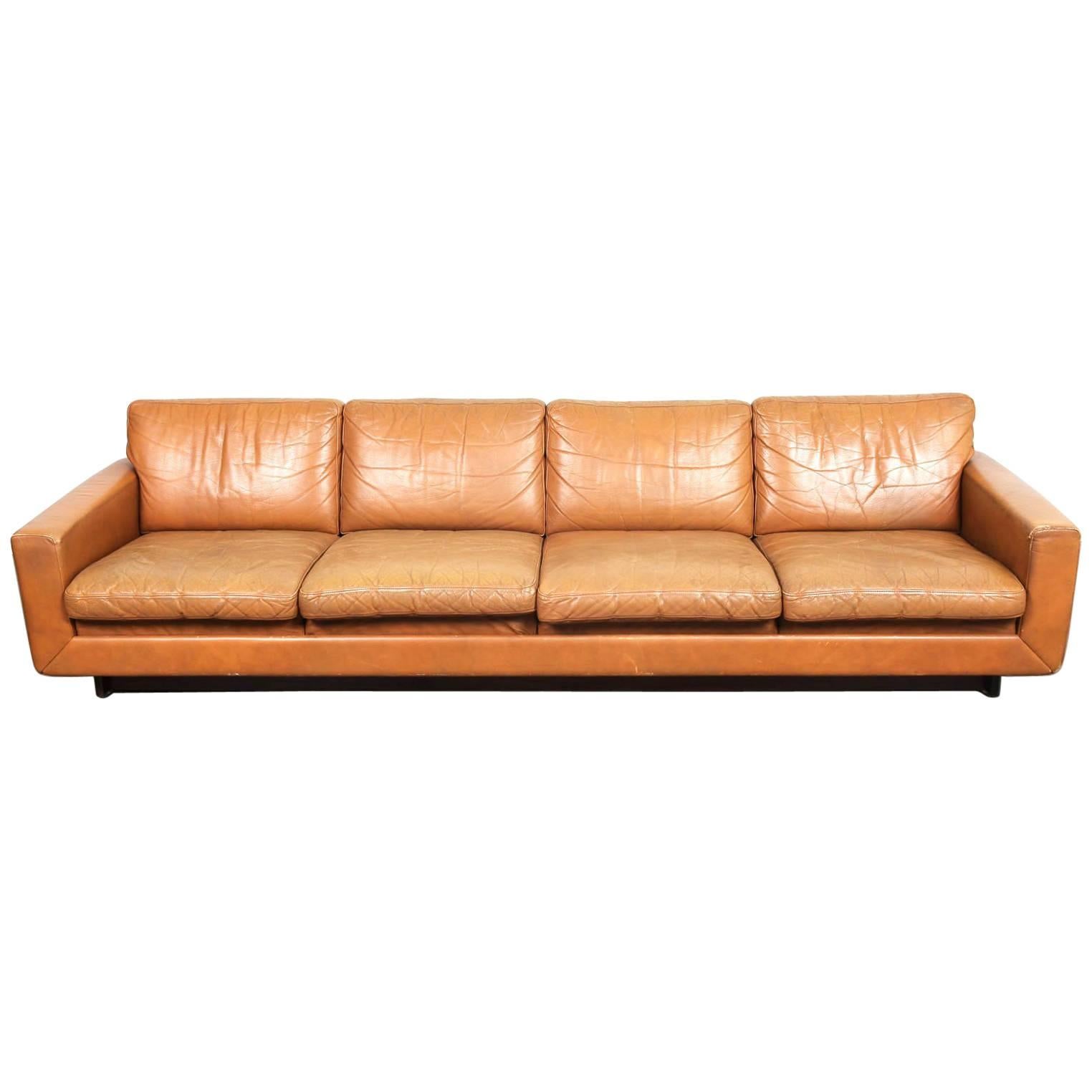 Danish Mid-Century Modern Low Leather Four-Seat Sofa
