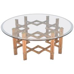 Mid-Century Round Bamboo and Brass Glass Top Cocktail Table