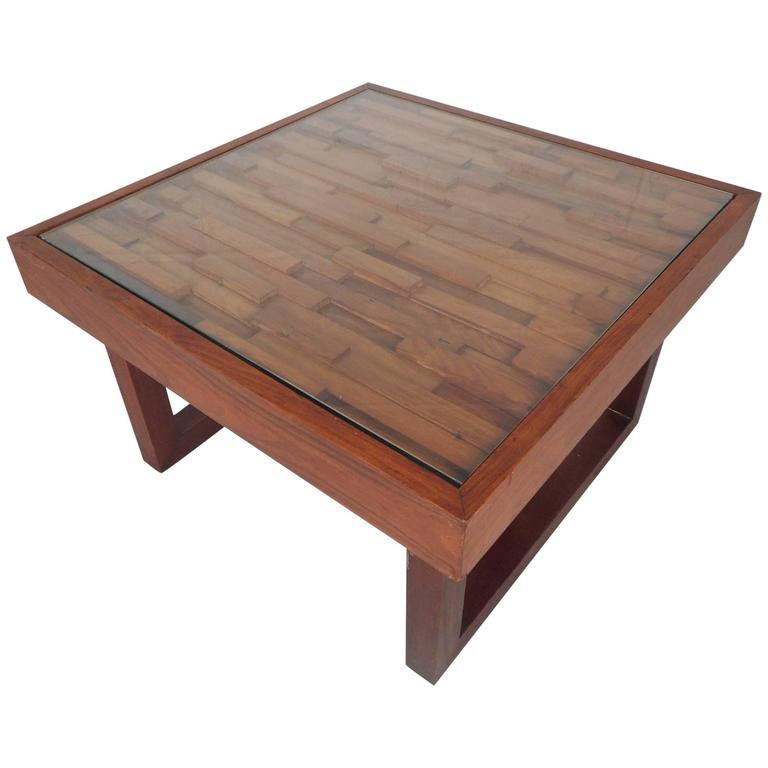 MidCentury Modern Brazilian Multi Level Glass Top End Table by