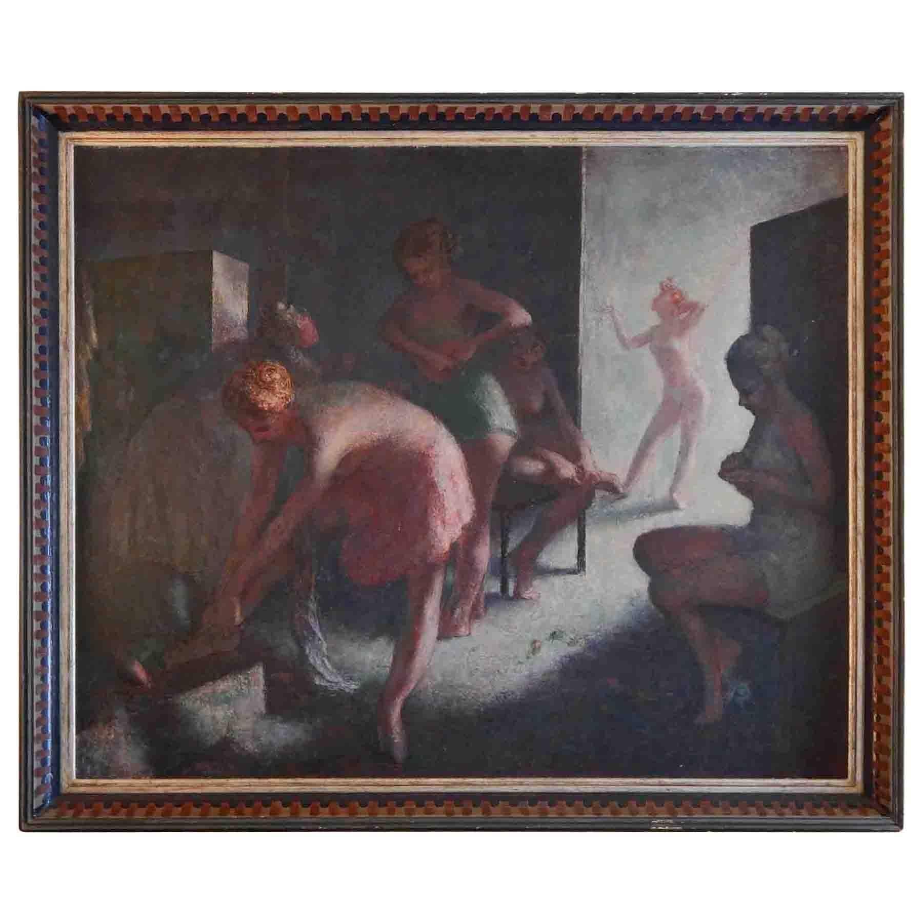 "Dressing for the Ballet, " Large, Evocative Masterpiece Painting by Stull, 1953 For Sale