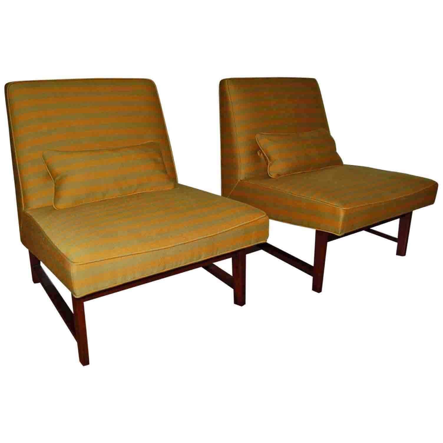 Green Striped Slipper Chair Pair by Dunbar For Sale