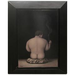 Vintage Whimsical Oil on Wood Man Smoking a Cigar by Jeanne Lorioz
