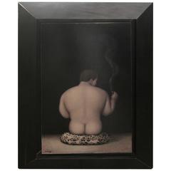 Huile sur bois fantaisiste Homme fumant un cigare par Jeanne Lorioz