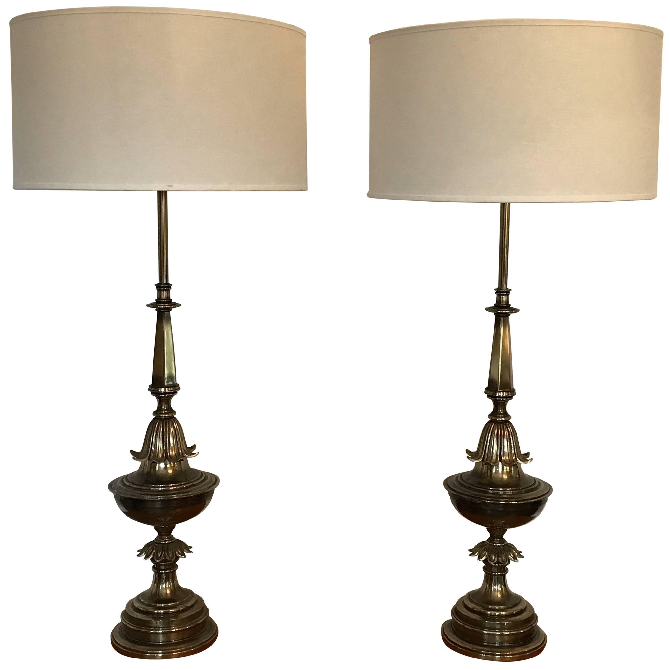 Pair of Hollywood Regency Style Brass Table Lamps, Large Scale, 1940's
