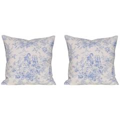 Pair of Vintage French Blue 'Toile De Jouy' Cushions Pillows with in Irish Linen