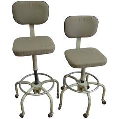 Pair of Vintage Industrial Drafting Stools; Adjustable Height; Swivel Base