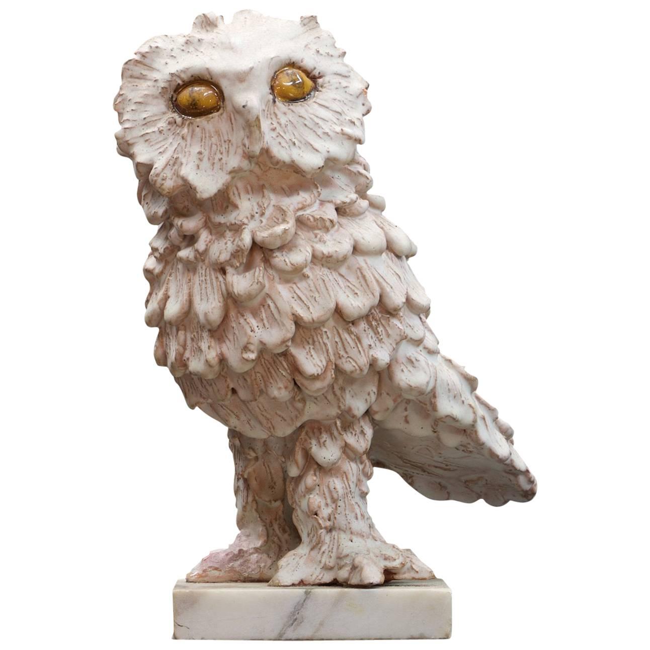 Vintage Ceramic Feathered Snow Owl Bird Pottery Sculpture on Marble Base