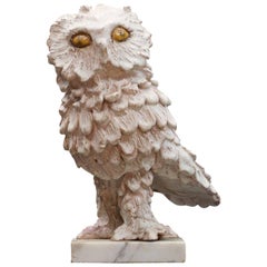 Vintage Ceramic Feathered Snow Owl Bird Pottery Sculpture on Marble Base