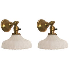 Pair of 1930s Scalloped Milk Glass and Brass Sconces