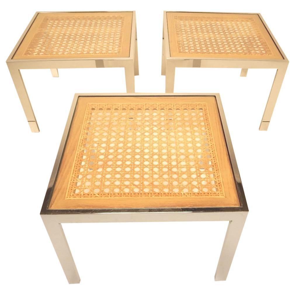 Three Mid-Century Chrome and Rattan Cane Tables by Milo Baughman