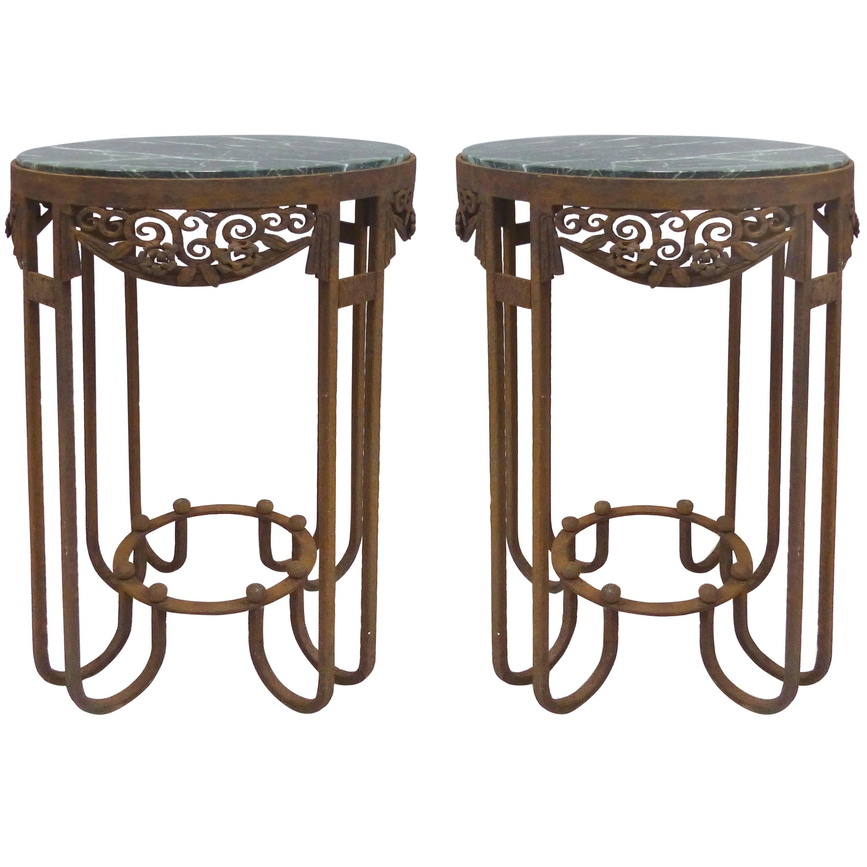 Paul Kiss French Art Deco Wrought Iron Marble Top Tables, Pair