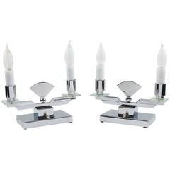 Pair of French Art Deco Modernist Chrome Table Candle Lamps, circa 1930s 4