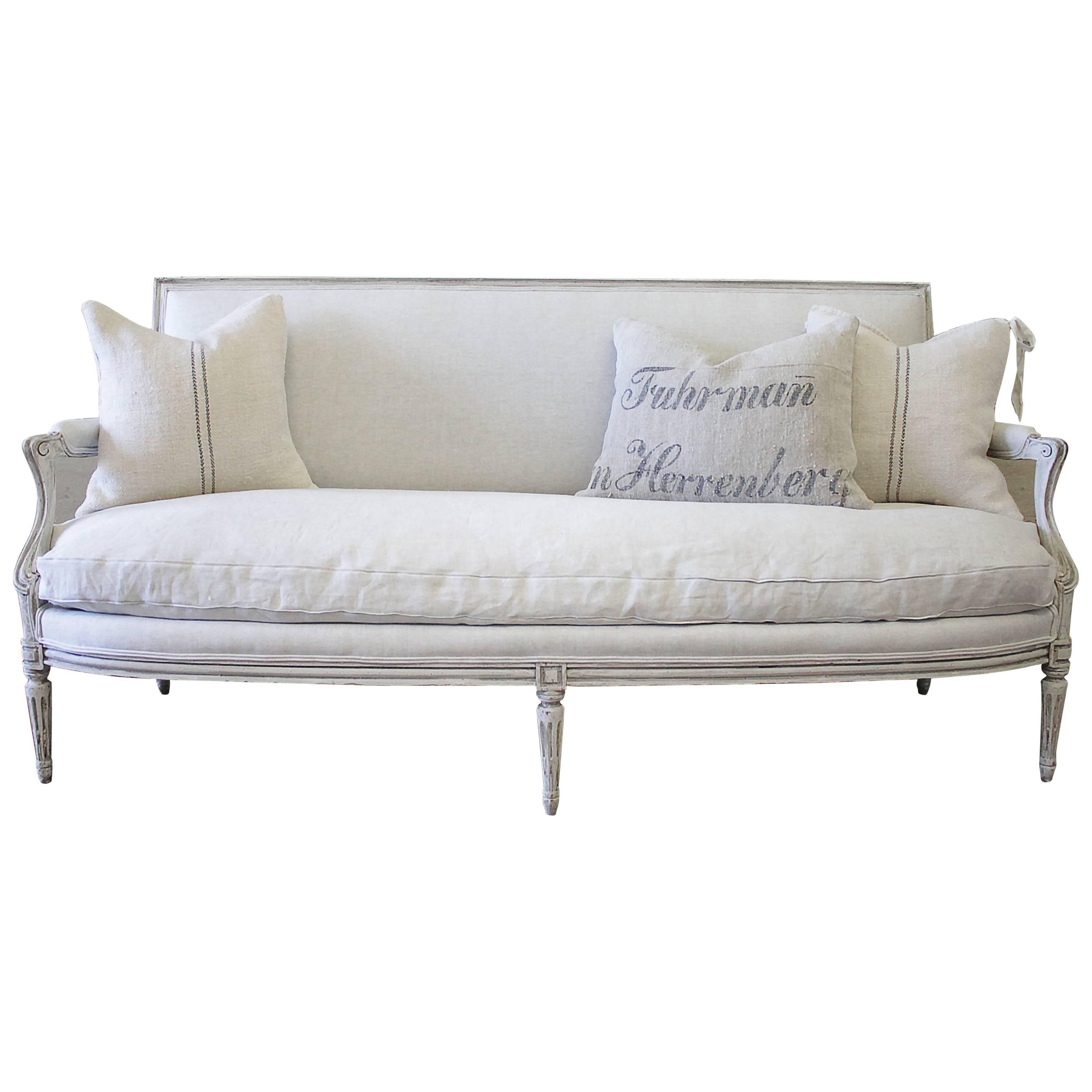 Antique Louis XVI Style French Sofa in Natural Belgian Linen