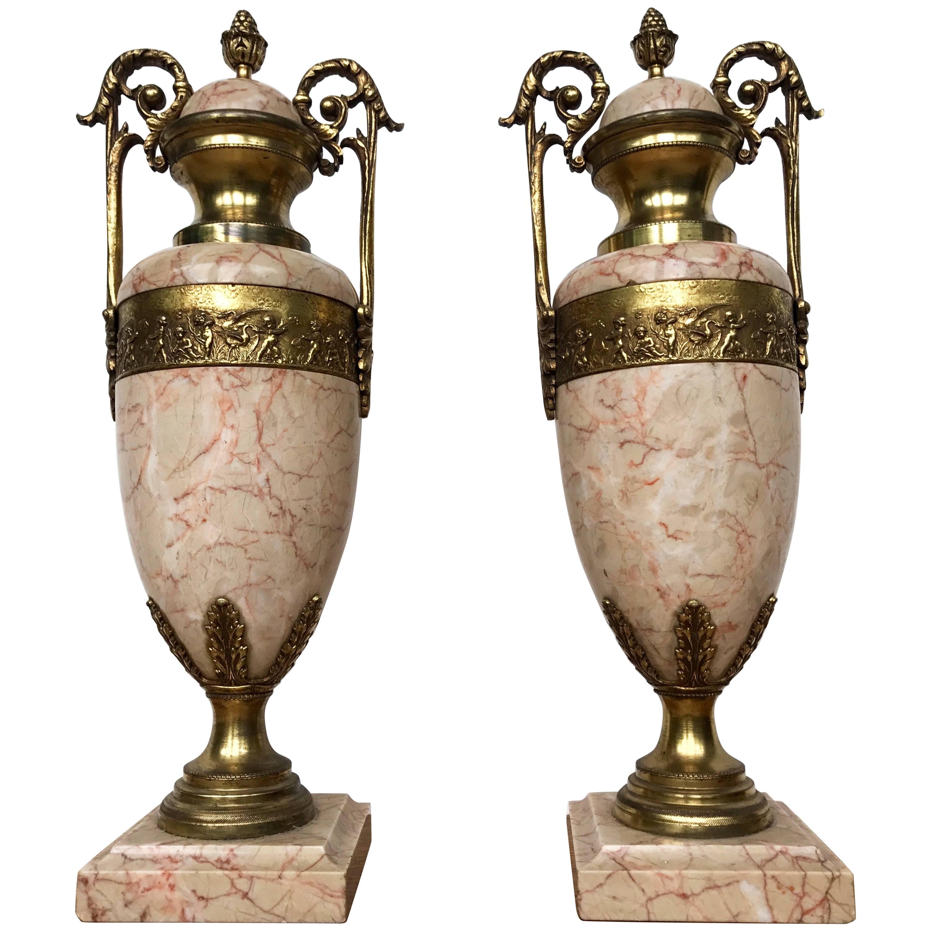 Pair of Antique French Gilt Bronze and Marble Cassolettes / Vases w. Putti Decor