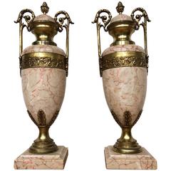 Pair of Antique French Gilt Bronze and Marble Cassolettes/Vases with Putti Decor