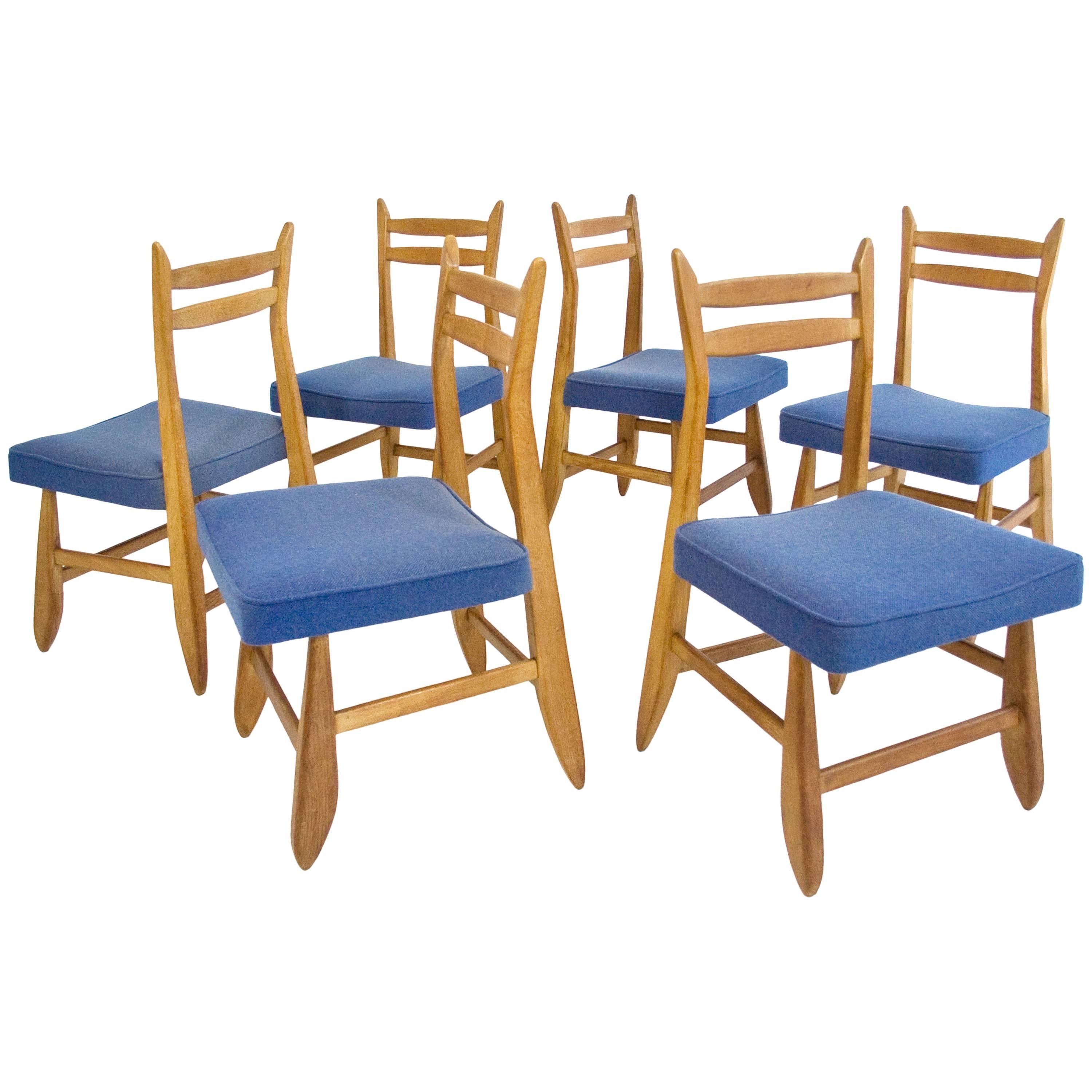 Set of Six Guillerme et Chambron Oak Dining Chairs, circa 1960, France