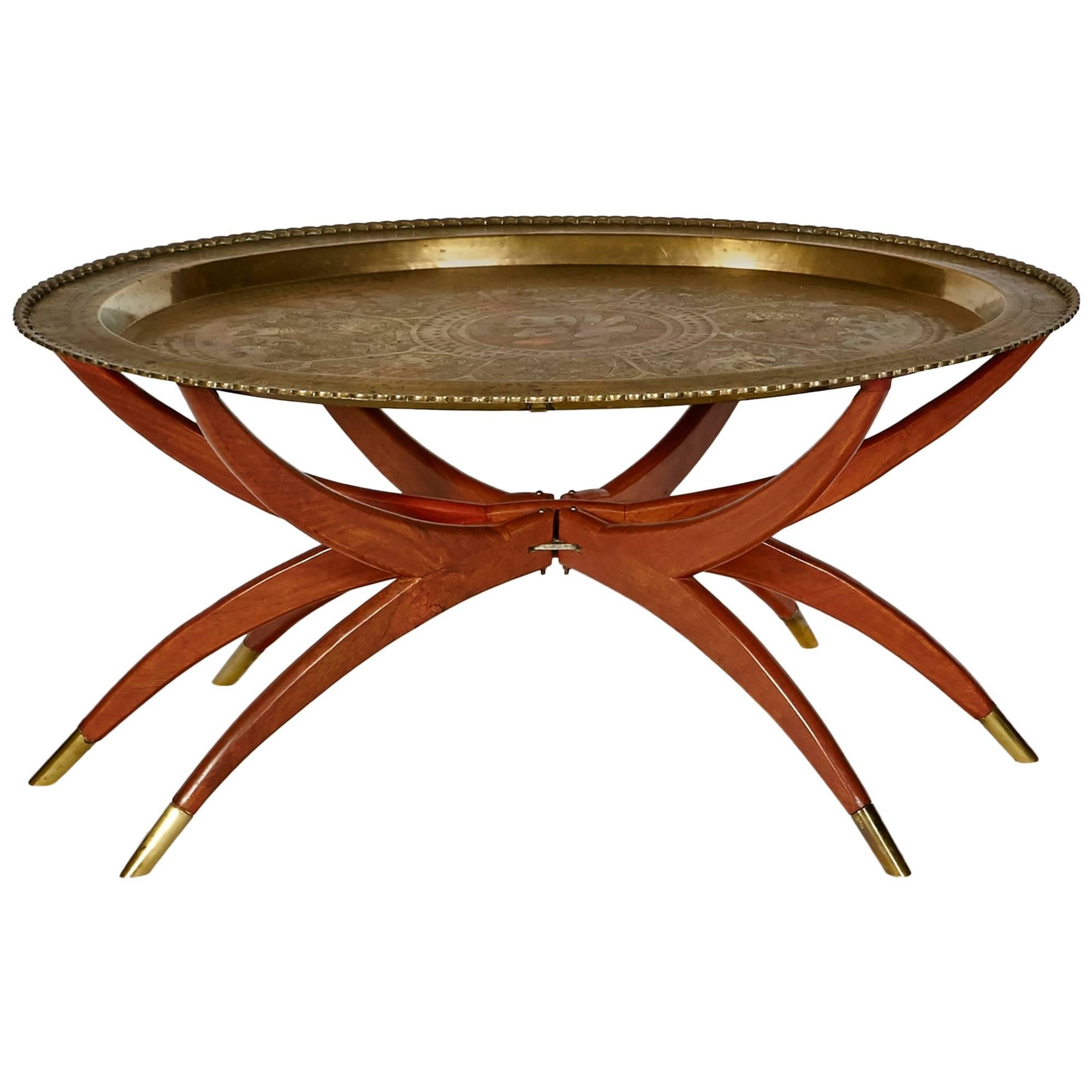 Moroccan-Style Brass Tray Table on Spider Folding Stand For Sale