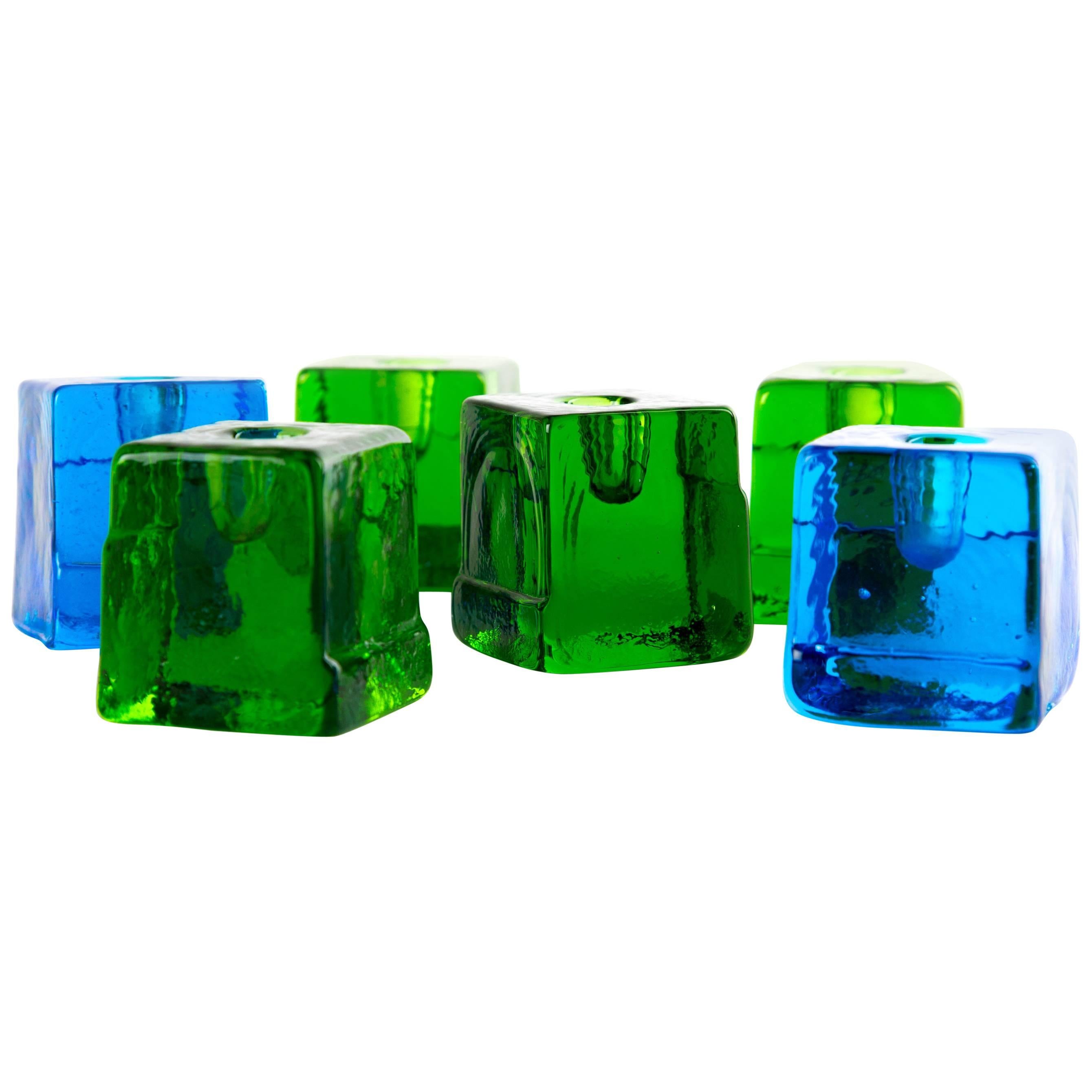 Swedish Glass Candleholders, Colorful Set of Six Art Glass Lindshammar Sjogren For Sale