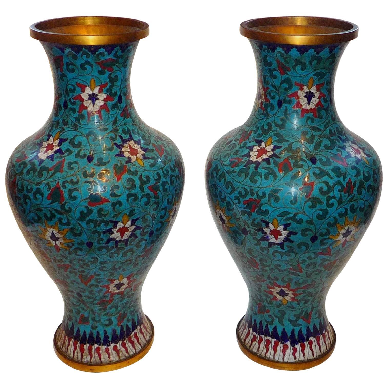 Pair of Large 19th Century Chinese Cloisonné on Blue Back Ground Vases