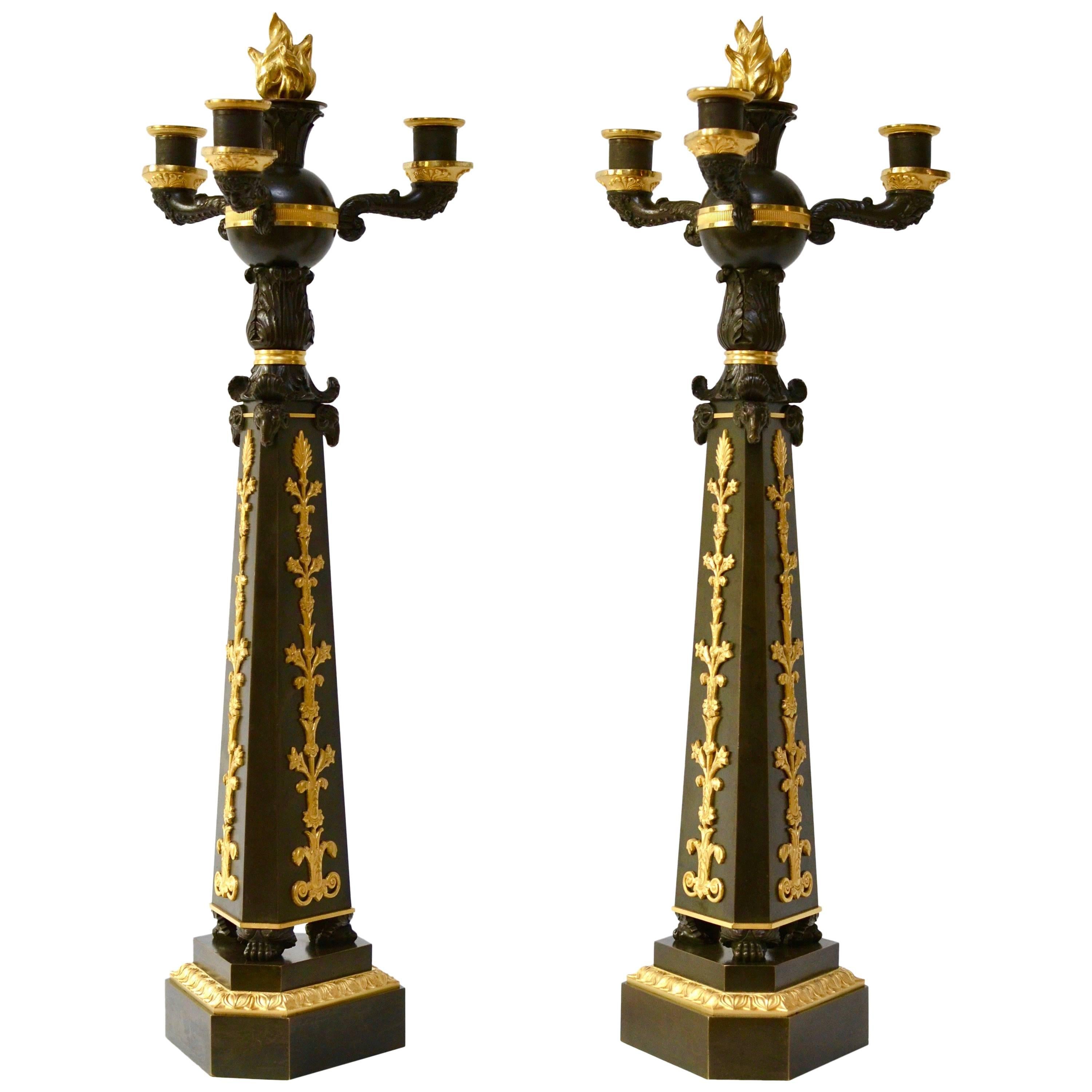 Pair of Empire Gilt and Patinated Bronze Candelabra
