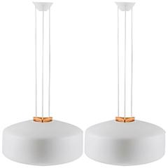 Pair of Large Pendants in Oak and Opaline Glass by Luxus, Sweden