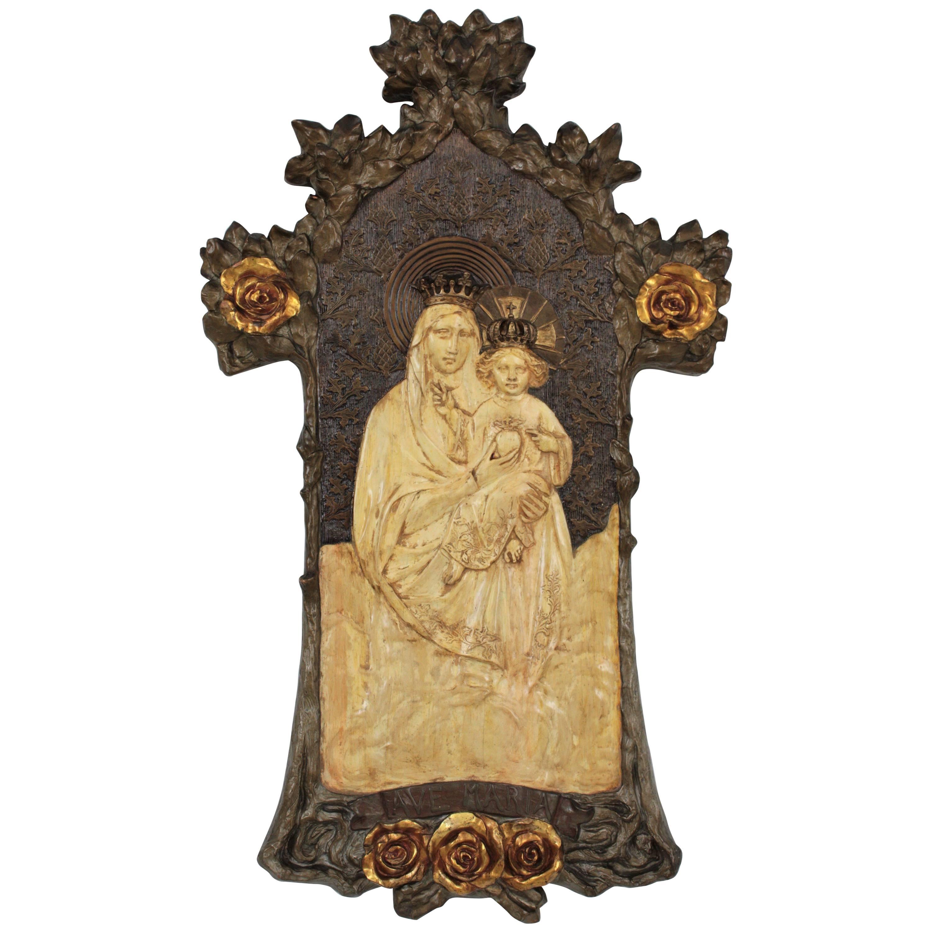 Art Nouveau Virgin and Child Bas Relief Stucco in the Style of Antoni Gaudí