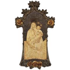 Antique Art Nouveau Virgin and Child Bas Relief Stucco in the Style of Antoni Gaudí