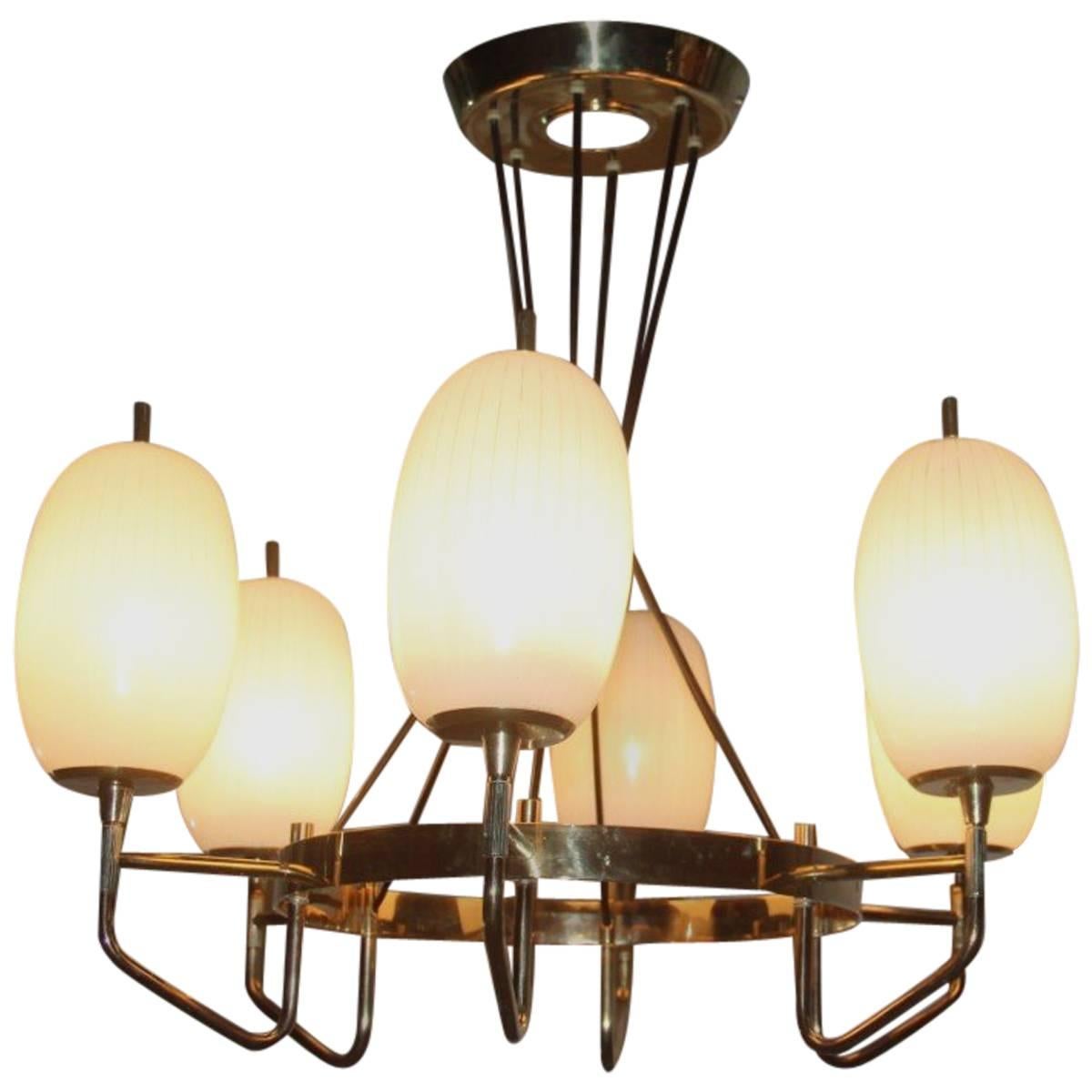 Chandelier Brass, Glass, mid century modern Italian design 