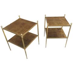 Maison Baguès Pair of Side Tables in Gilt Metal, Top in Cloudy Mirror 1