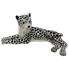 Vintage Italian Black and White Cheetah or Leopard Cat Sculpture